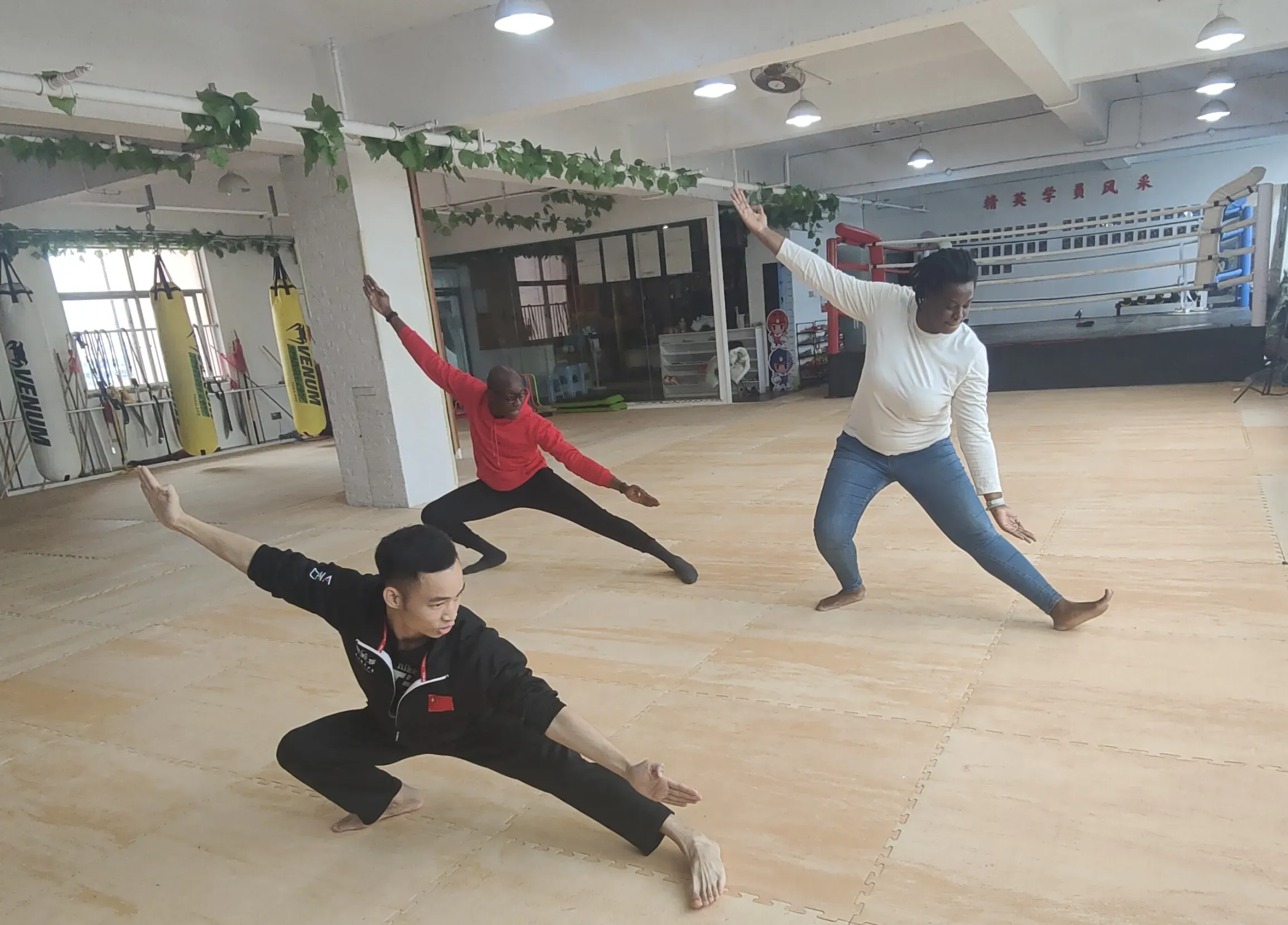 Students practicing Chinese kung fu and wushu basics in a martial arts studio, learning horse stance, hand techniques, and traditional training methods under the guidance of a professional coach, highlighting Chinese martial arts culture and discipline.